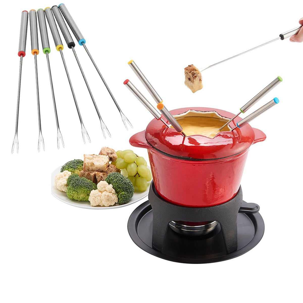 6pcs/Set Stainless Steel Chocolate Cheese Dessert Fondue Pot Forks Kitchen Tool Tableware
