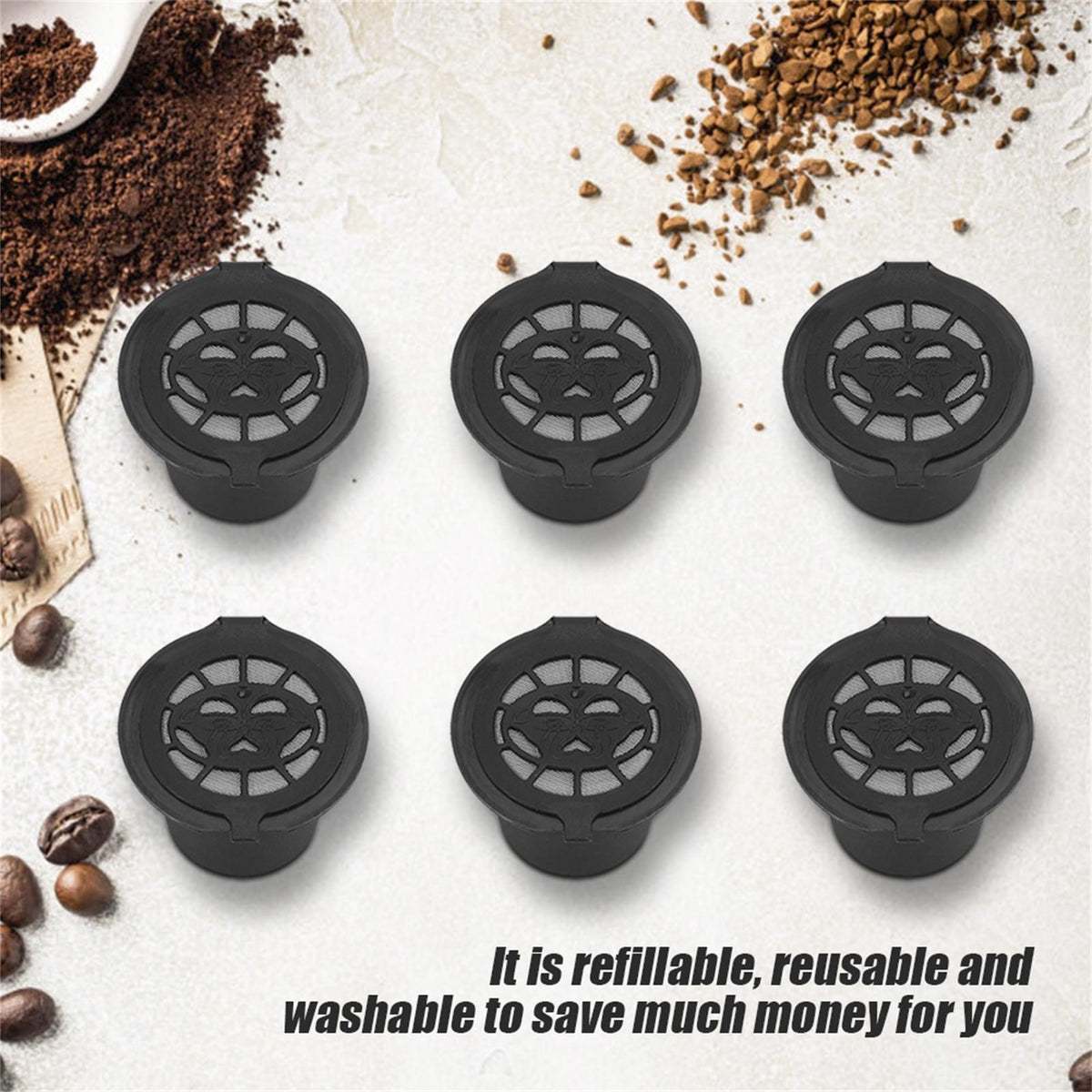 6Pcs Plastic and Stainless Steel Refillable Reusable Coffee Capsule Filters Baskets Replacement