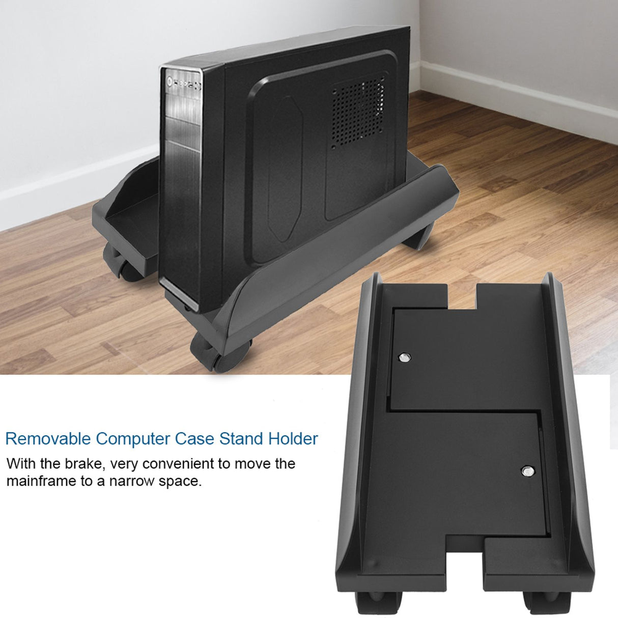 Removable Computer Case Stand Holder Bracket Desktop Mainframe Storage Rack with Brake(Black)