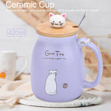 1Pc Lovely Cat Ceramic Cup with Spoon and Lid Coffee Water Milk Mug for Drinkware Gift(Purple) - Front View