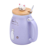 1Pc Lovely Cat Ceramic Cup with Spoon and Lid Coffee Water Milk Mug for Drinkware Gift(Purple) - Close-Up Angle