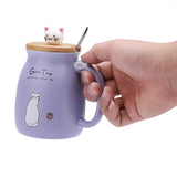 1Pc Lovely Cat Ceramic Cup with Spoon and Lid Coffee Water Milk Mug for Drinkware Gift(Purple)