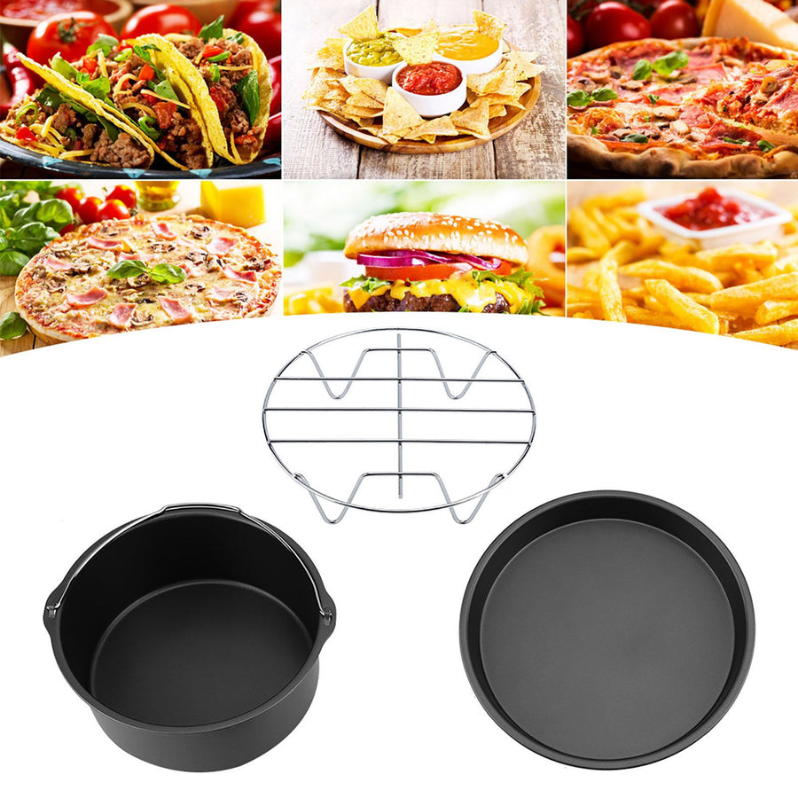 8''3 in 1 Multifunctional Air Fryer Accessories Set Bread Shelf Cake Barrel Pizza Pan(Black)