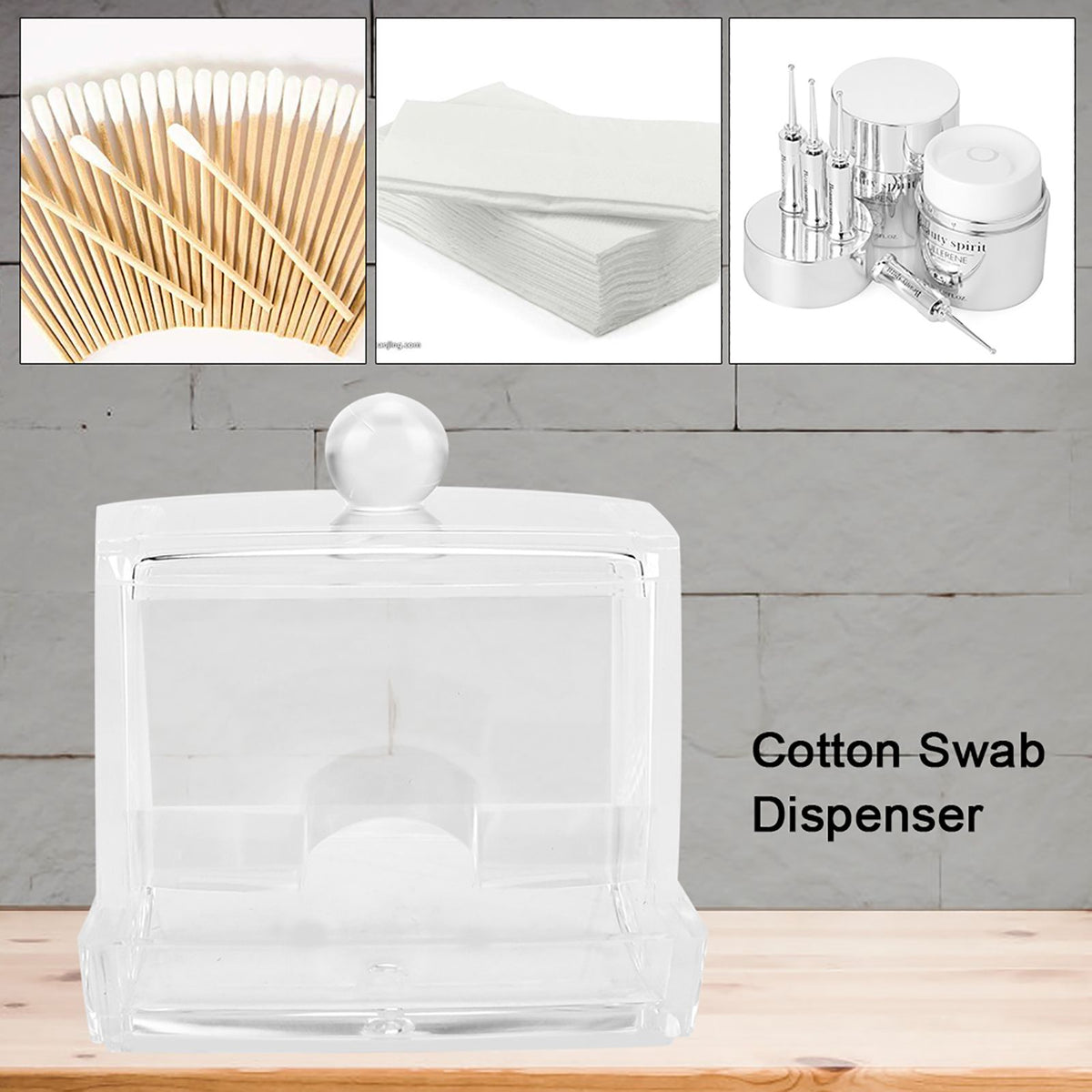 Acrylic Clear Cotton Swab Dispenser Storage Box Holder Desktop Cosmetic Makeup Case