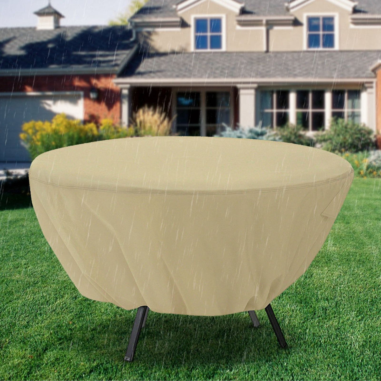 Round Table Dust Cover Outdoor Waterproof Garden Patio Furniture Covers(Beige)