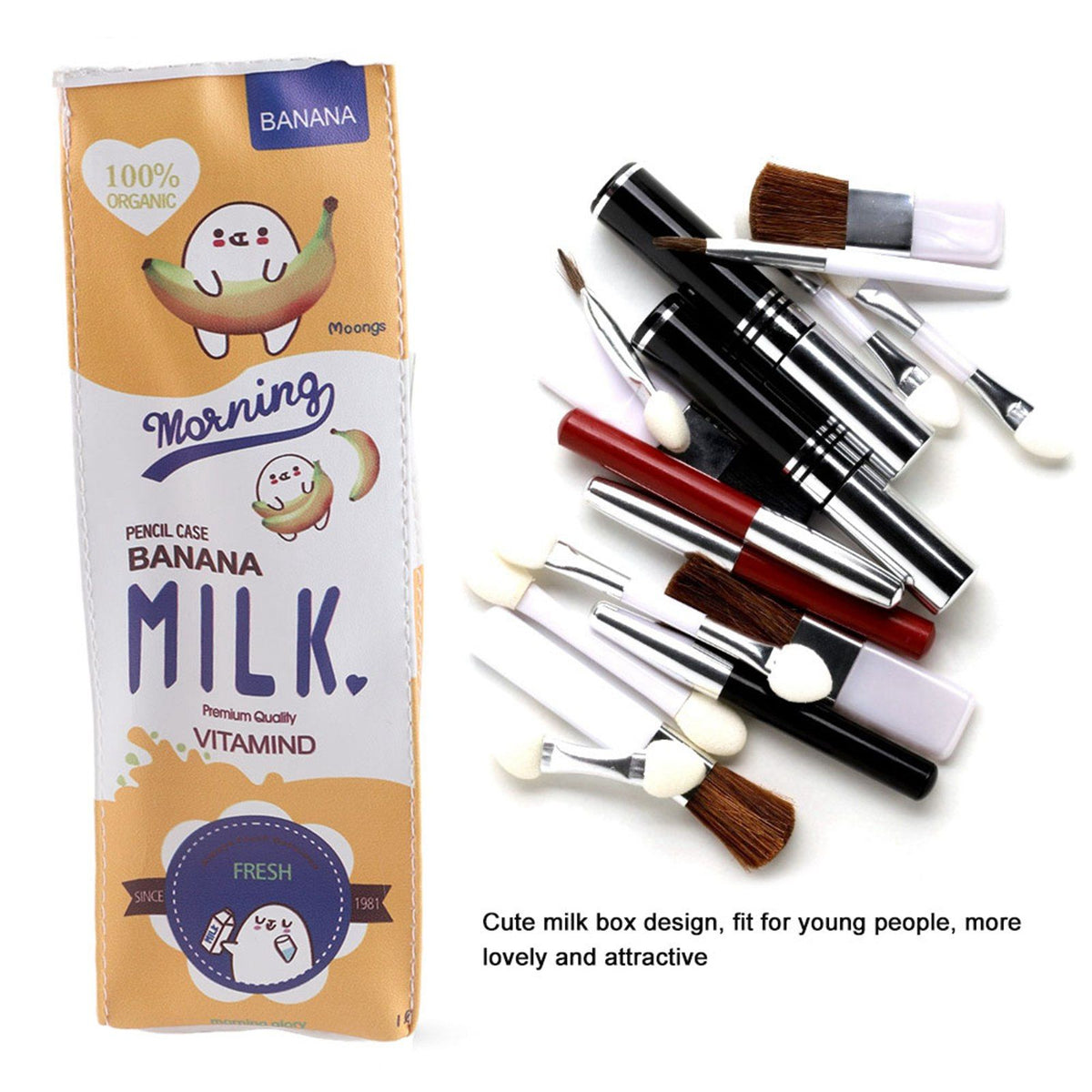 3Colors Cartoon Milk Stationery Bag Waterproof PU Large Capacity Pencil Case Storage Bag