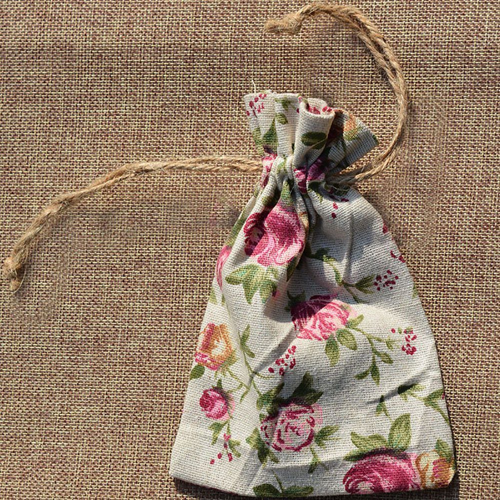 10pcs Printed Linen Drawstring Bag Gift Jewelry Ornament Storage Pouch 1