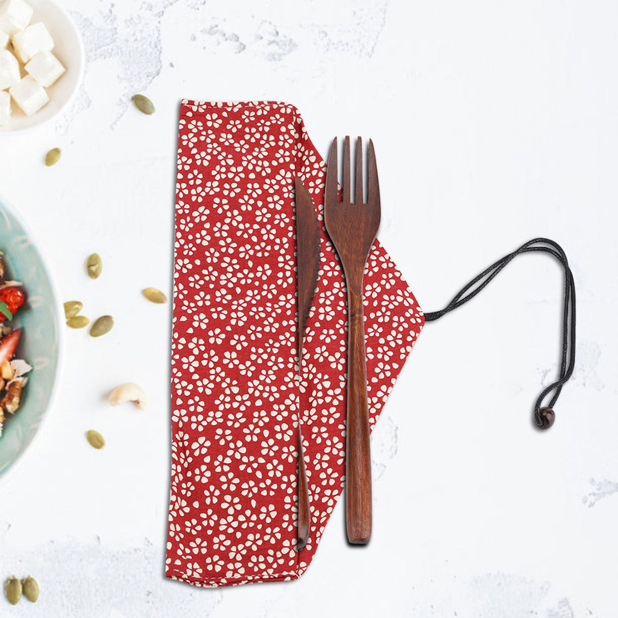 Japanese Style Reusable Bamboo Dinnerware Set Tableware Kit (Red Storage Bag Only)
