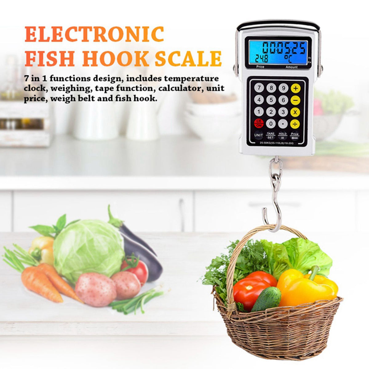 Electronic Fish Hook Scale 50Kg Luggage Weighing 7 in 1 Digital Hanging Scales