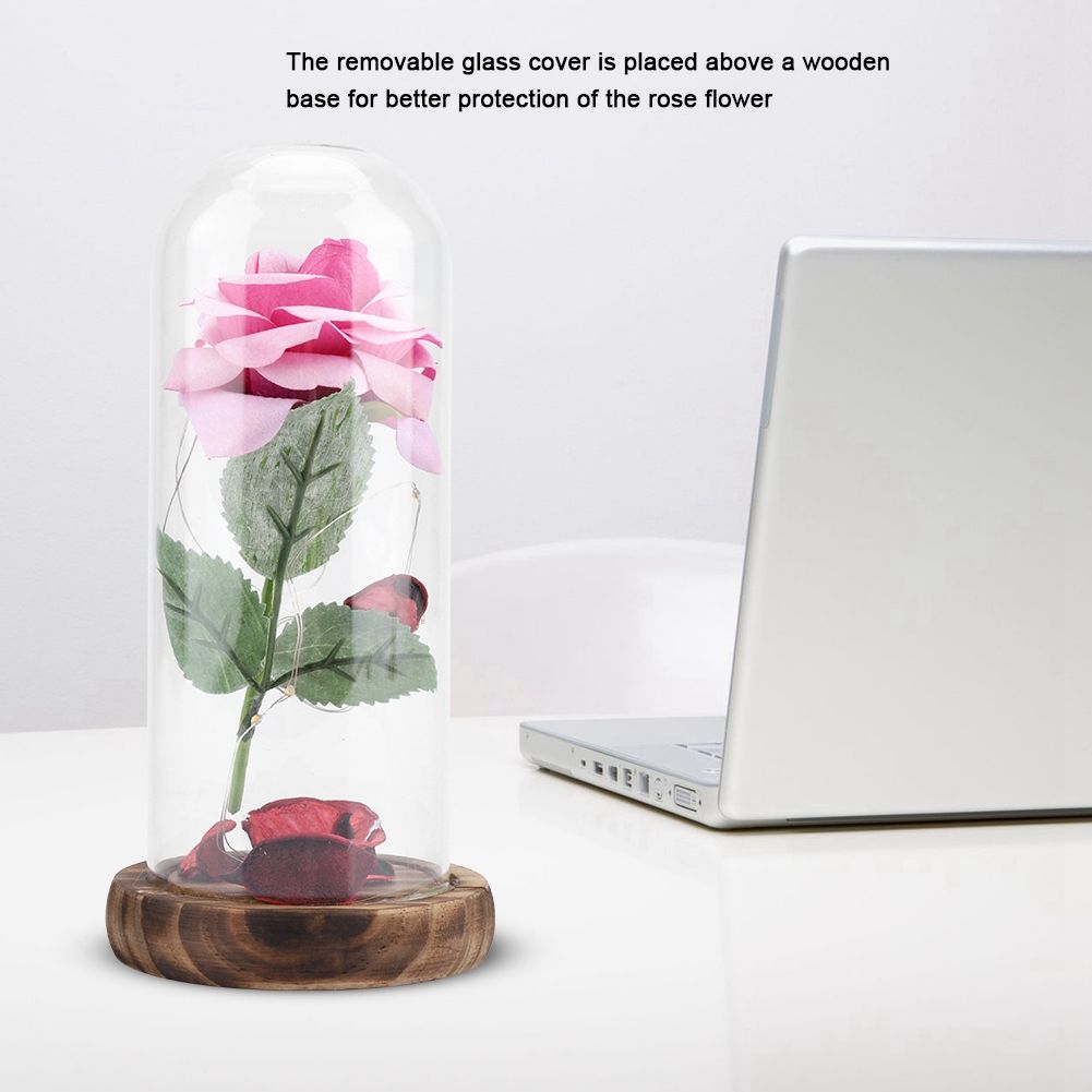 Preserved Rose Flower LED Light with Glass Cover Wooden Base Valentines'Day Wedding Gift Pink