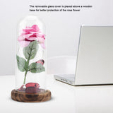 Preserved Rose Flower LED Light with Glass Cover Wooden Base Valentines'Day Wedding Gift Pink