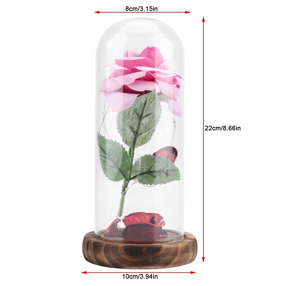 Preserved Rose Flower LED Light with Glass Cover Wooden Base Valentines'Day Wedding Gift Pink