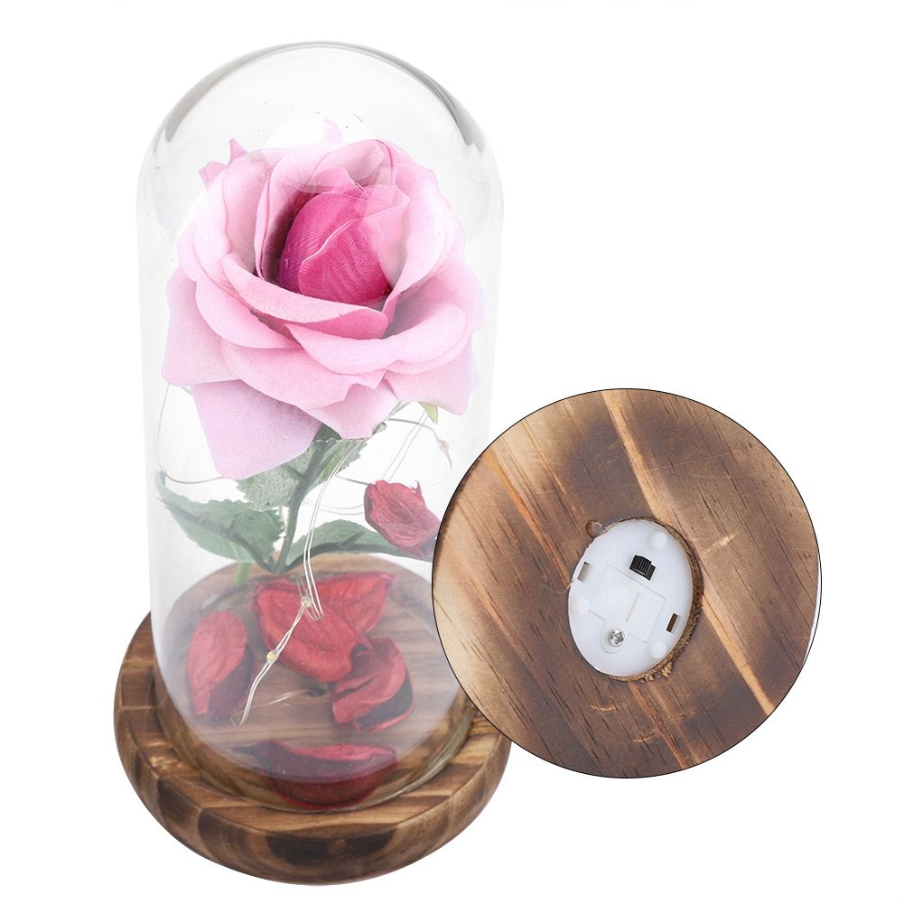 Preserved Rose Flower LED Light with Glass Cover Wooden Base Valentines'Day Wedding Gift Pink