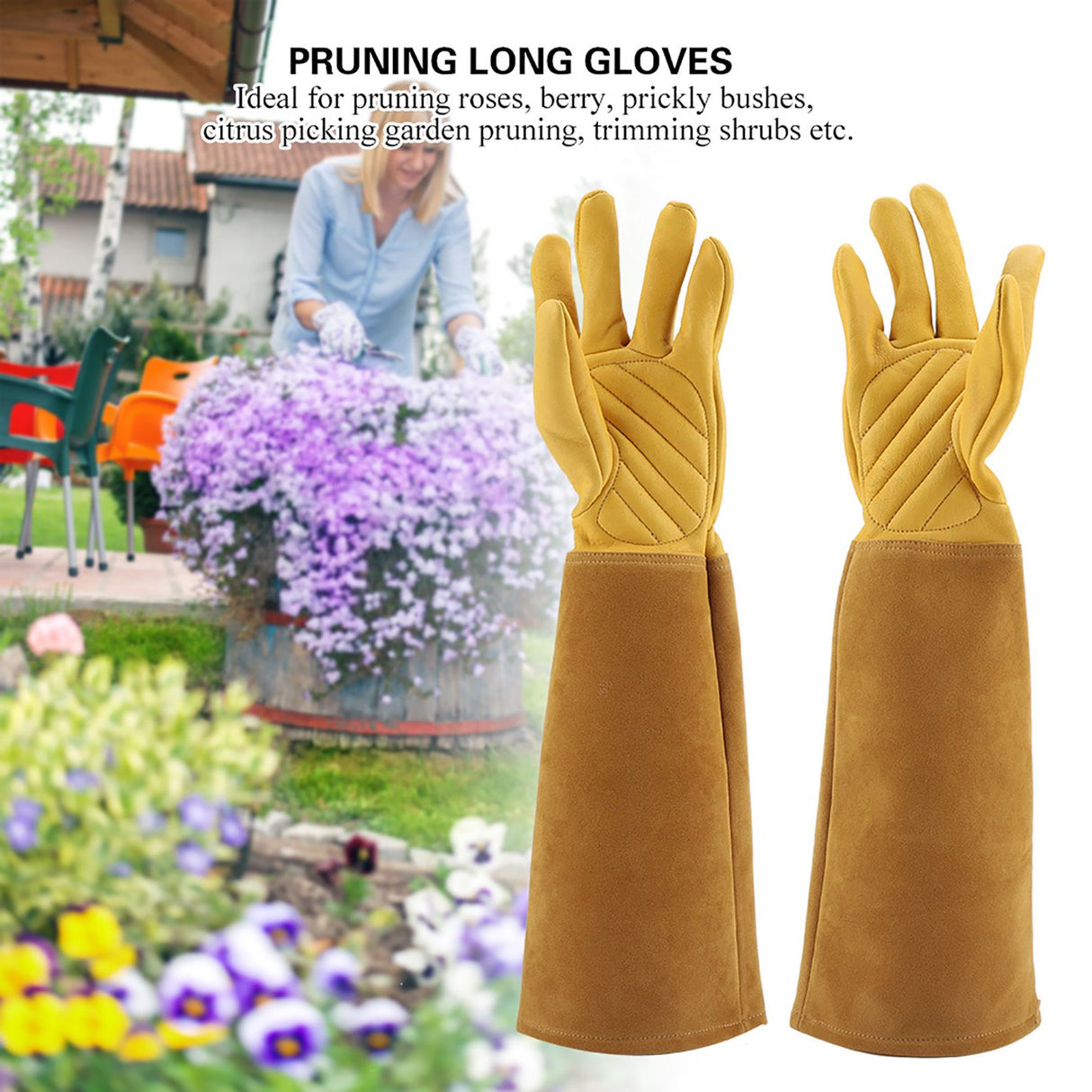 Rose Pruning Gardening Leather Gloves Wearproof Puncture Proof Long Work Glove(Yellow S)