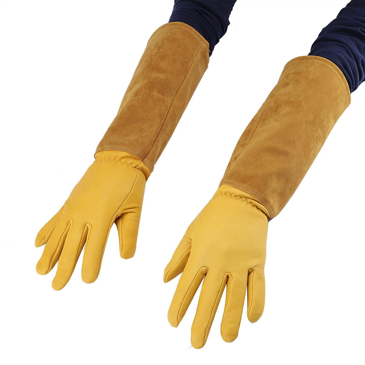 Rose Pruning Gardening Leather Gloves Wearproof Puncture Proof Long Work Glove(Yellow S)