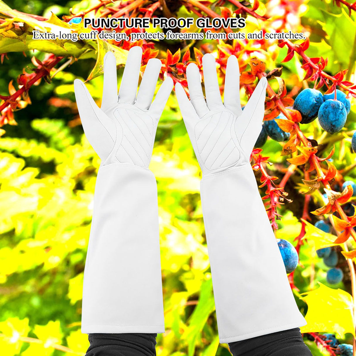 Rose Pruning Gardening Leather Gloves Wearproof Puncture Proof Long Work Glove(White M)