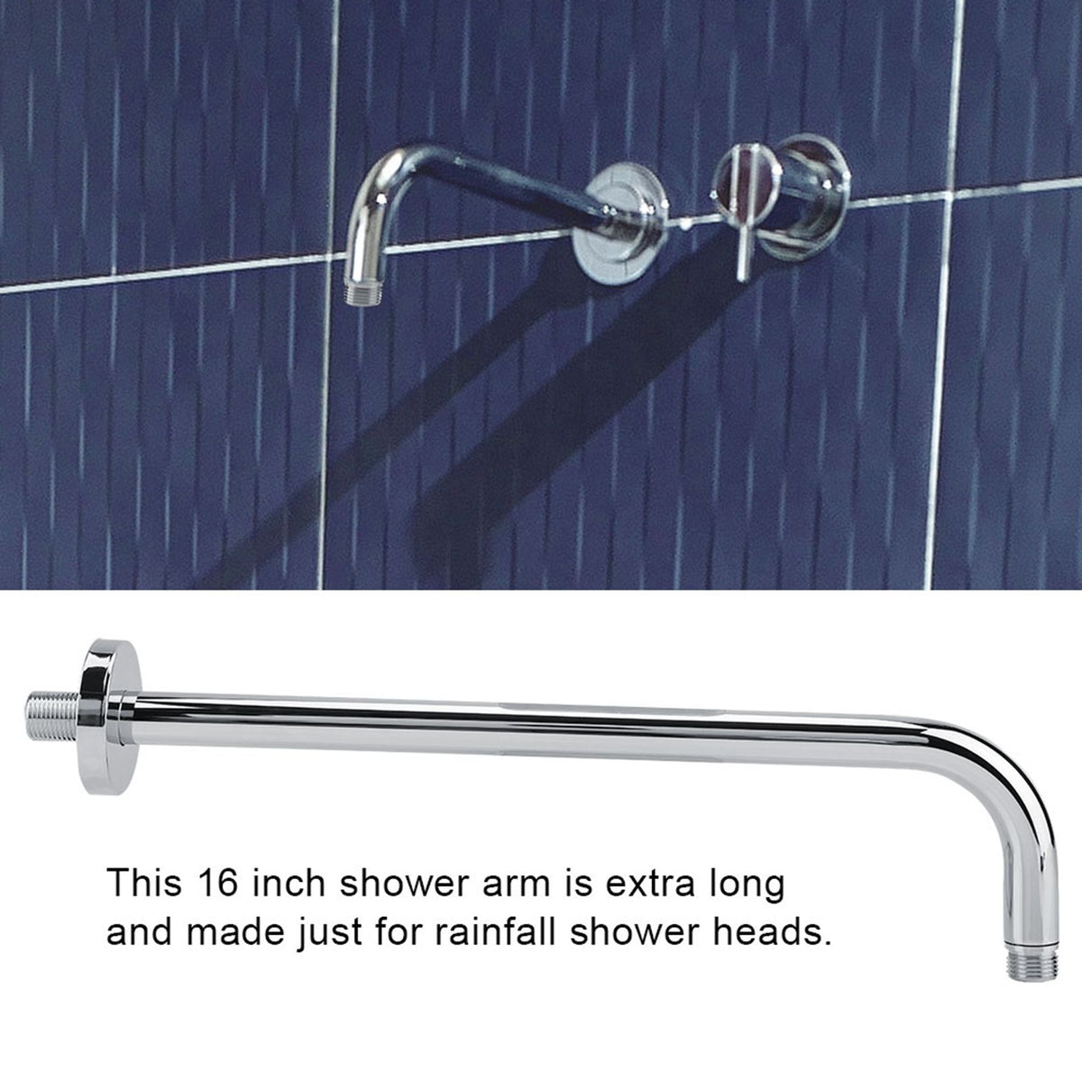 Extra Long Stainless Steel Shower Rain Head Arm Replacement Flange Set Wall Fixed Chrome Finish