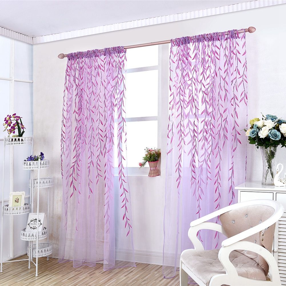 100 x 270 cm Wicker Print Sheer Vintage Embroidery Voile Window Panels for Bedroom Purple