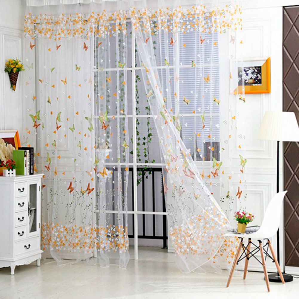 100 x 200 cm Butterfly Print Sheer Vintage Embroidery Voile Window Panels Yellow & Green
