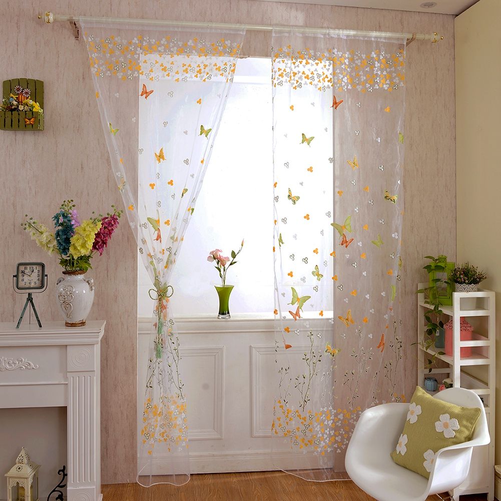 100 x 200 cm Butterfly Print Sheer Vintage Embroidery Voile Window Panels Yellow & Green