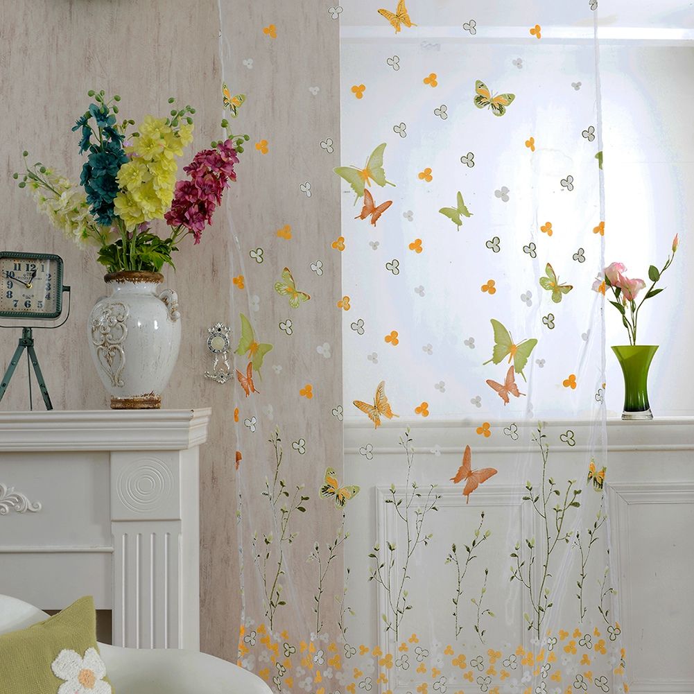 100 x 200 cm Butterfly Print Sheer Vintage Embroidery Voile Window Panels Yellow & Green