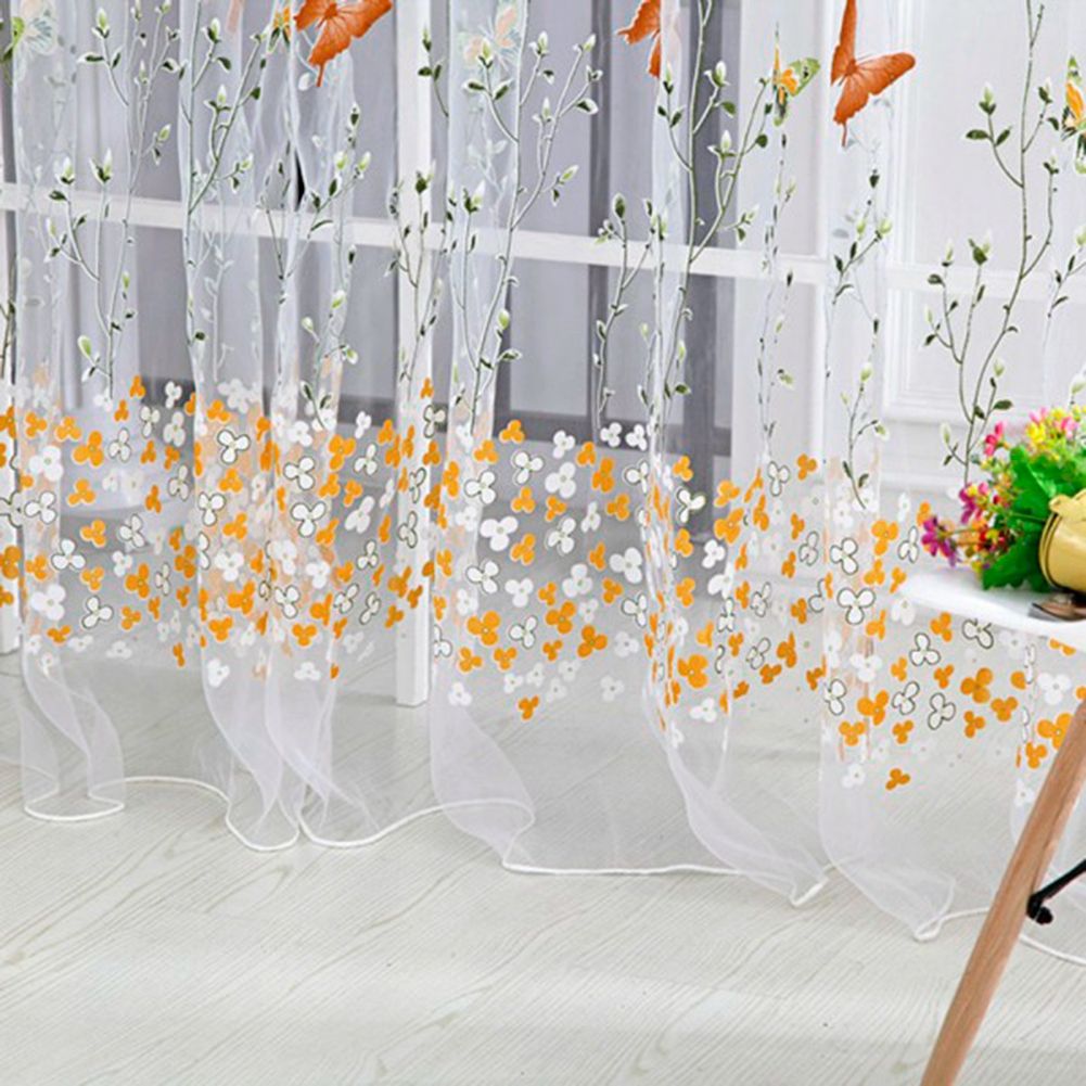 100 x 200 cm Butterfly Print Sheer Vintage Embroidery Voile Window Panels Yellow & Green
