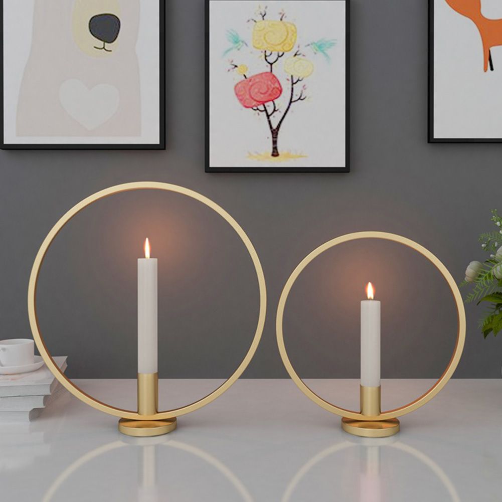 Round Circle Iron Candlestick Craft Desk Candle Holder for Candlelight Dinner (Gold)