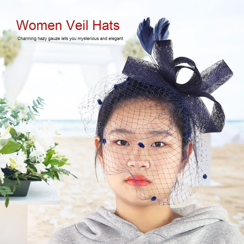 Wedding Women Net Mesh Bridal Face Veil Hats Brides Fascinator Headwear Hair Accessory(Navy)