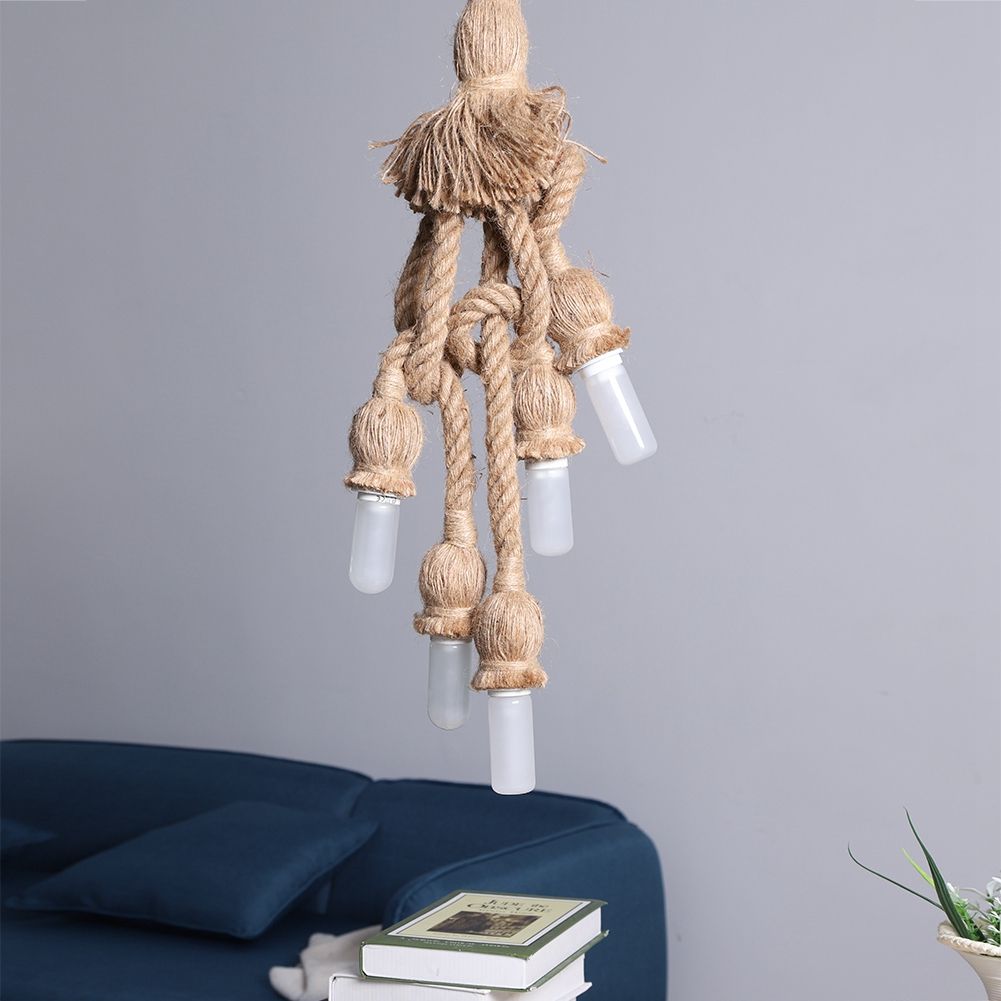 5 Head Vintage Hanging Hemp Rope for Light Retro Lamp Ceiling Pendant E27 Base