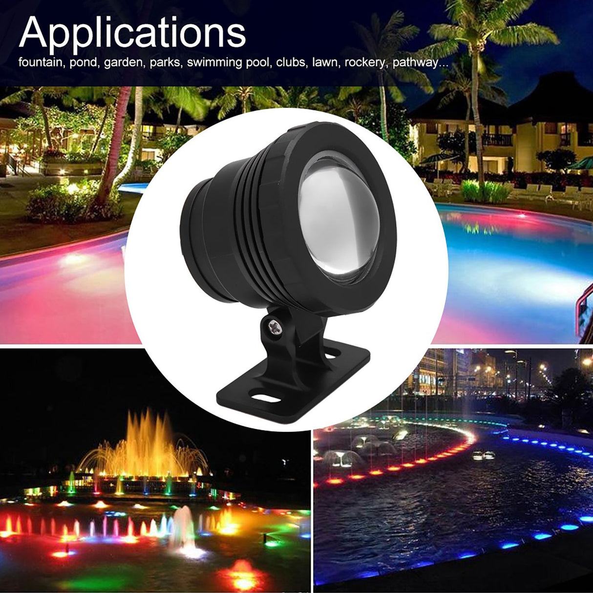 RGB LED Underwater Light Waterproof Multi color Outdoor Garden Spotlight AC/DC 12V (black)