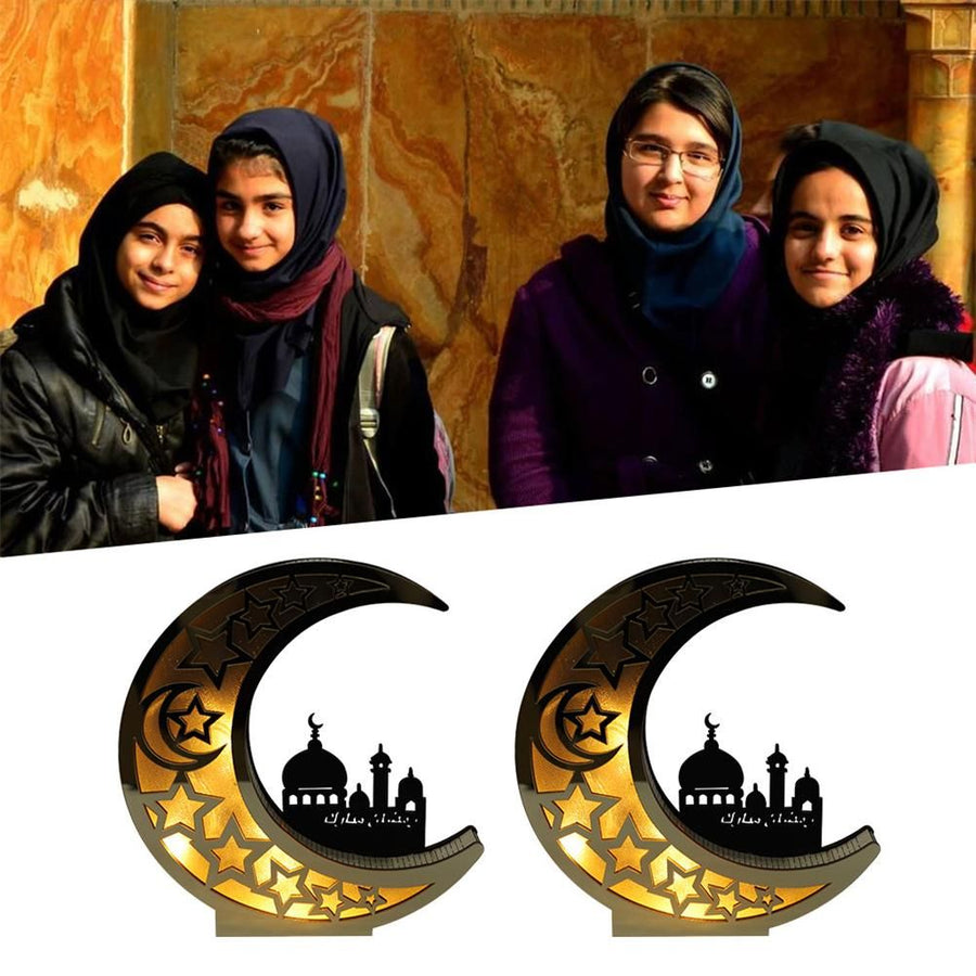 Ramadan Decoration Wood Eid Mubarak LED Lights Golden Moon Hollow Lamp