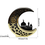 Ramadan Decoration Wood Eid Mubarak LED Lights Golden Moon Hollow Lamp
