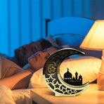 Ramadan Decoration Wood Eid Mubarak LED Lights Golden Moon Hollow Lamp