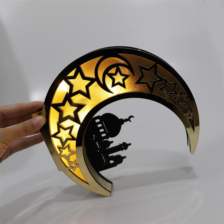 Ramadan Decoration Wood Eid Mubarak LED Lights Golden Moon Hollow Lamp