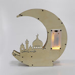 Ramadan Decoration Wood Eid Mubarak LED Lights Golden Moon Hollow Lamp
