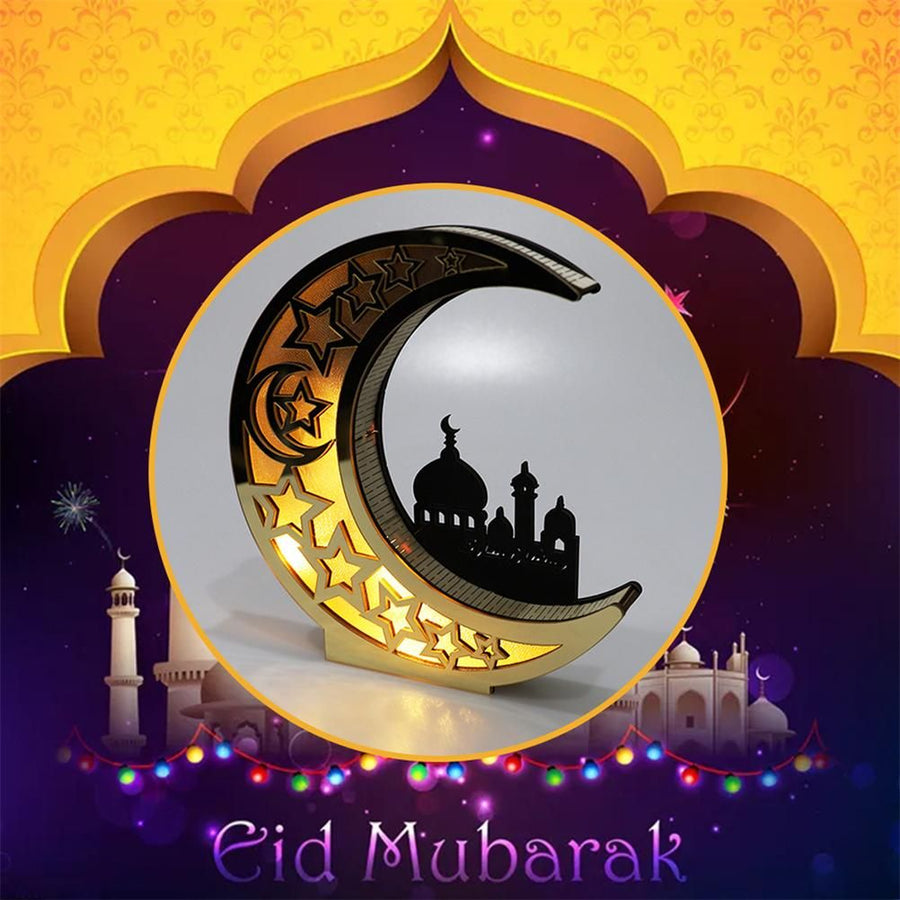 Ramadan Decoration Wood Eid Mubarak LED Lights Golden Moon Hollow Lamp