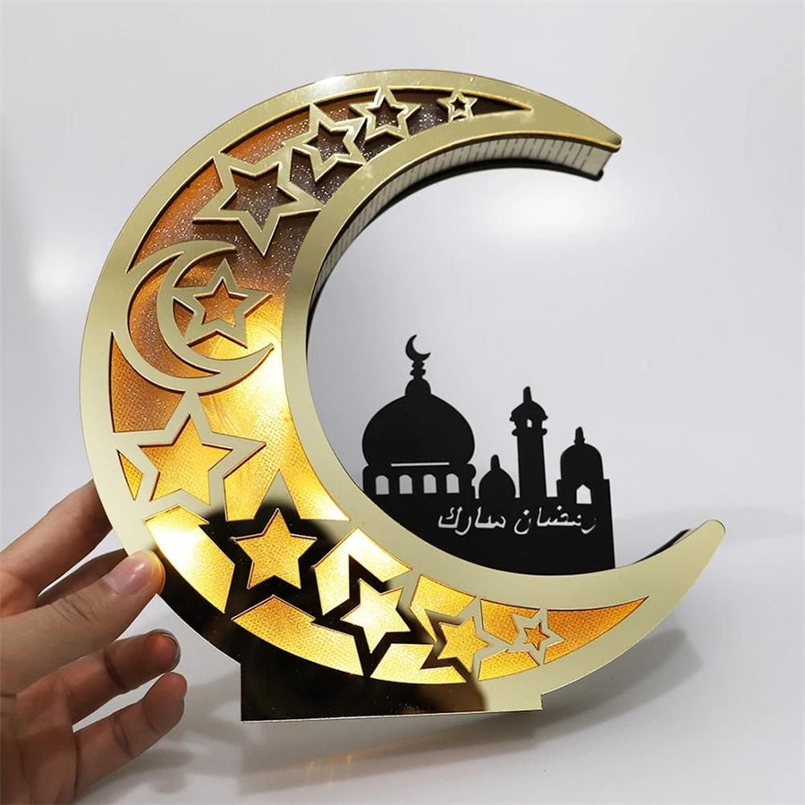 Ramadan Decoration Wood Eid Mubarak LED Lights Golden Moon Hollow Lamp