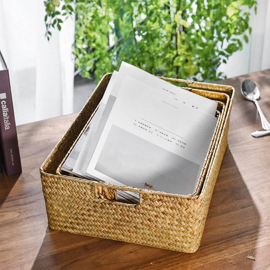Handmade Seaweed Storage Basket Woven Storage Box with Handle for Home Kitchen Office