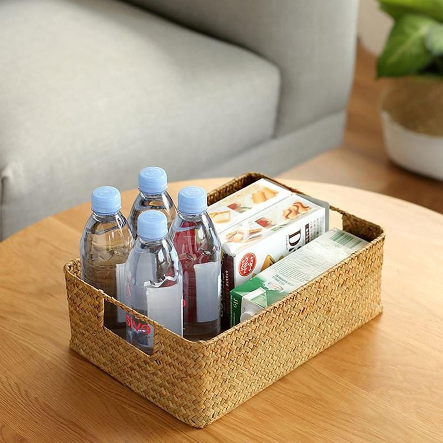 Handmade Seaweed Storage Basket Woven Storage Box with Handle for Home Kitchen Office