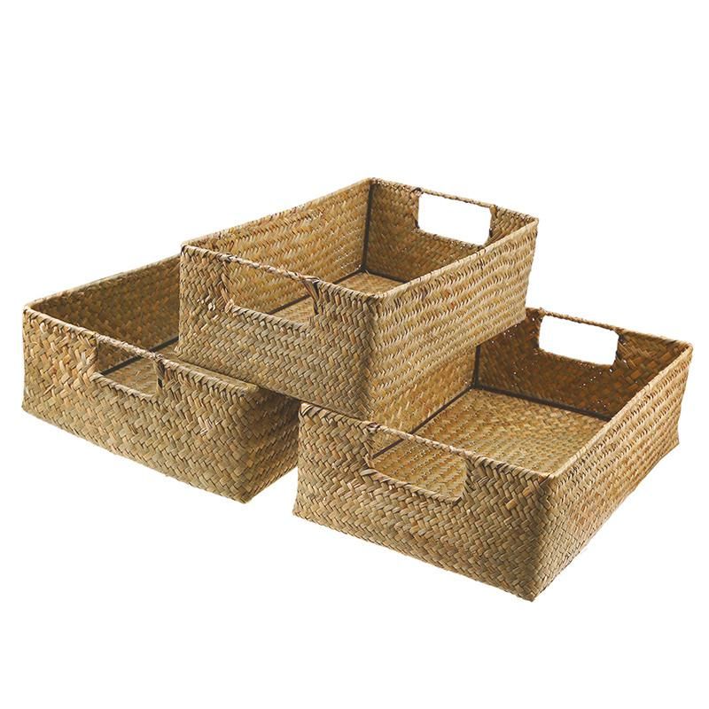 Handmade Seaweed Storage Basket Woven Storage Box with Handle for Home Kitchen Office