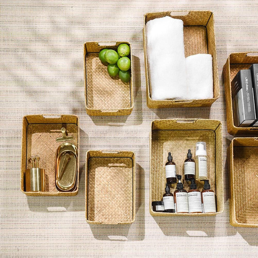 Handmade Seaweed Storage Basket Woven Storage Box with Handle for Home Kitchen Office