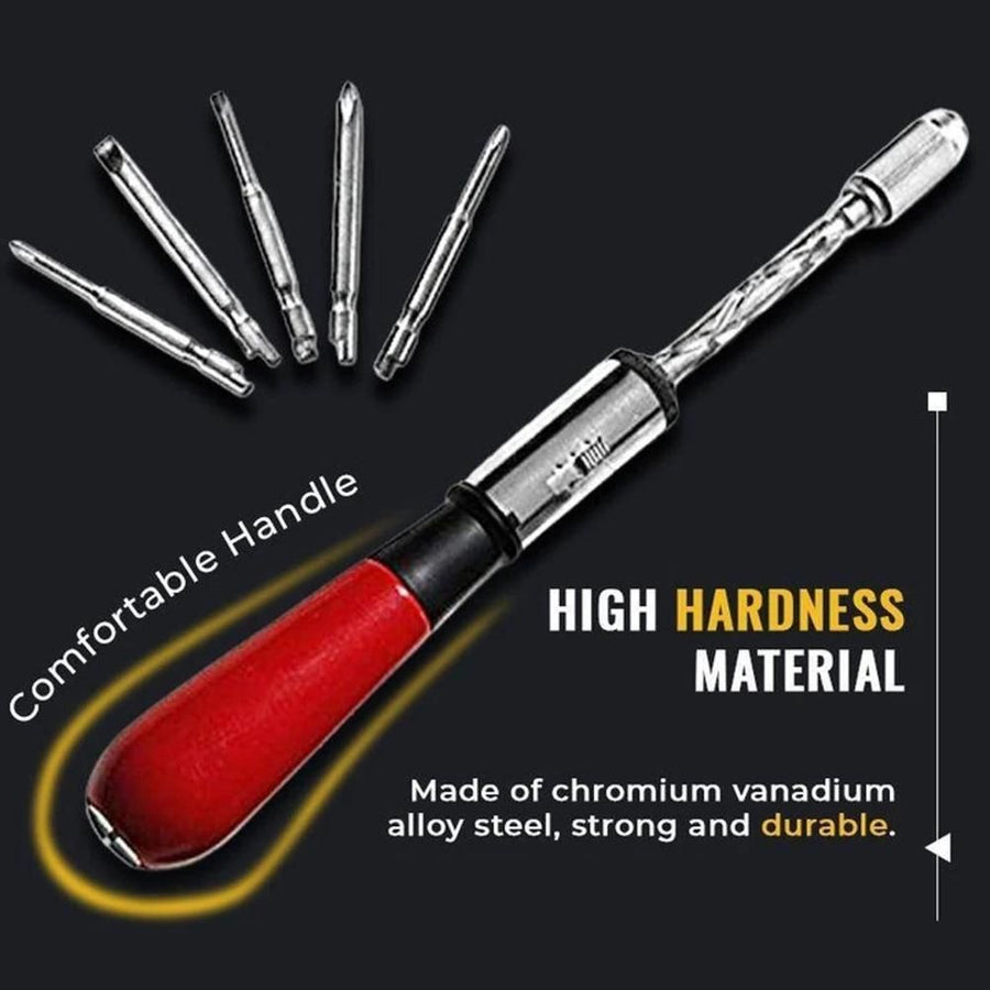 Push Pull Ratchet Screwdriver Adjustment Spiral Ratchet Screwdriver with 5 Replaceable Heads