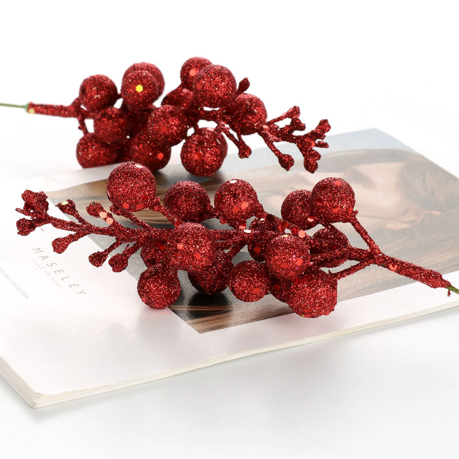 15Pcs Xmas Tree Decoration Berries Shining Sequined Simulated Wreath Rattan Decorative Accessories 15 Heads Holiday Home Decor Silver