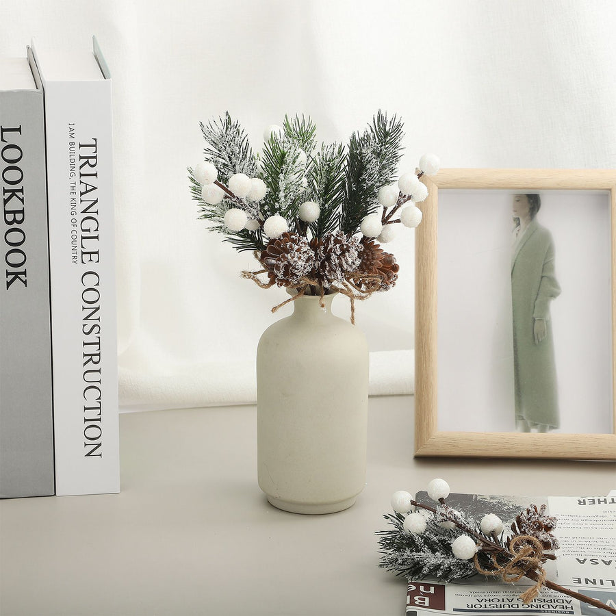 20PCS Artificial Pinecone and Berry Picks Faux Pine Tree Needles Branches Xmas Floral Picks for DIY Floral Arrangement Holiday Decor White