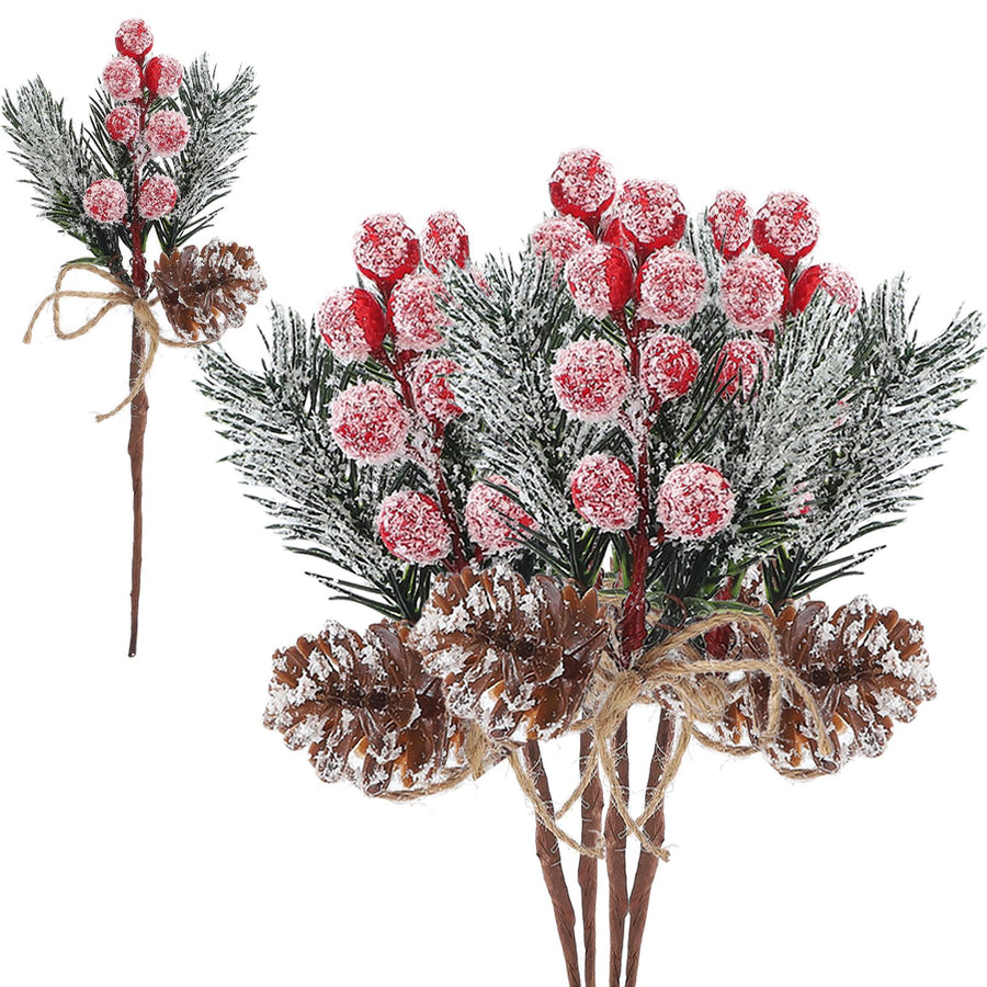 20PCS Artificial Pinecone and Berry Picks Faux Pine Tree Needles Branches Xmas Floral Picks for DIY Floral Arrangement Holiday Decor White