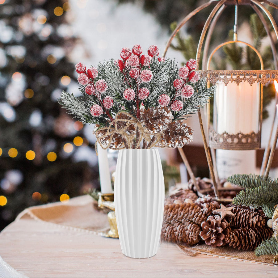 20PCS Artificial Pinecone and Berry Picks Faux Pine Tree Needles Branches Xmas Floral Picks for DIY Floral Arrangement Holiday Decor White
