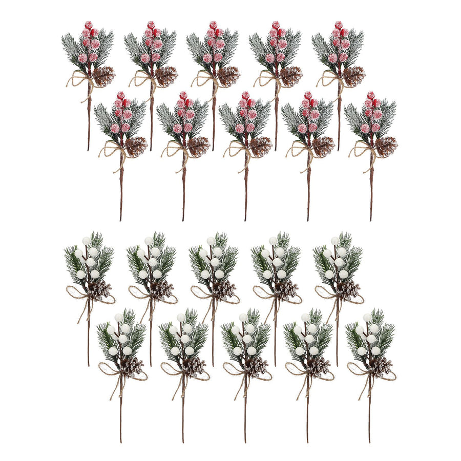 20PCS Artificial Pinecone and Berry Picks Faux Pine Tree Needles Branches Xmas Floral Picks for DIY Floral Arrangement Holiday Decor White