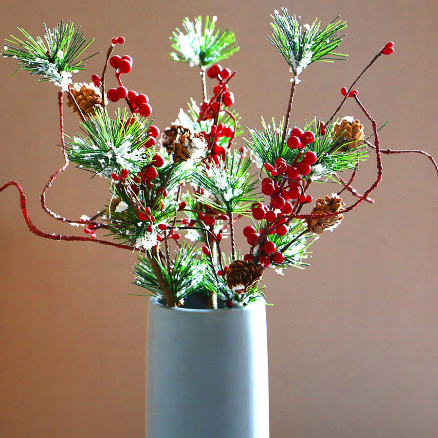 3PCS Snow Flocked Artificial Pine Picks 17.7 Inch Artificial Pine Needle Branches Stems with Red Berries Pinecones for Xmas Vase Decor