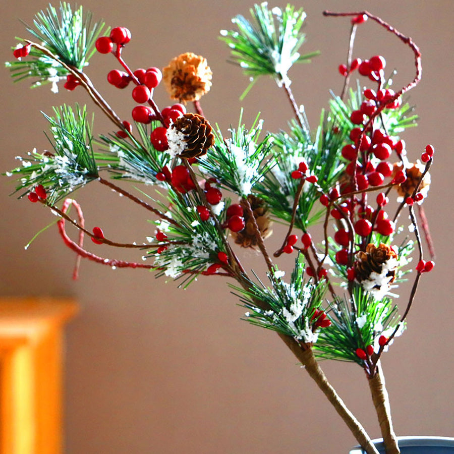 3PCS Snow Flocked Artificial Pine Picks 17.7 Inch Artificial Pine Needle Branches Stems with Red Berries Pinecones for Xmas Vase Decor