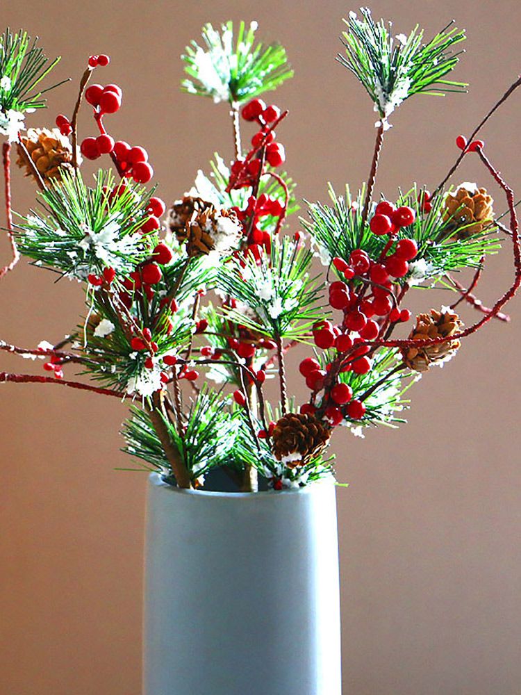 3PCS Snow Flocked Artificial Pine Picks 17.7 Inch Artificial Pine Needle Branches Stems with Red Berries Pinecones for Xmas Vase Decor